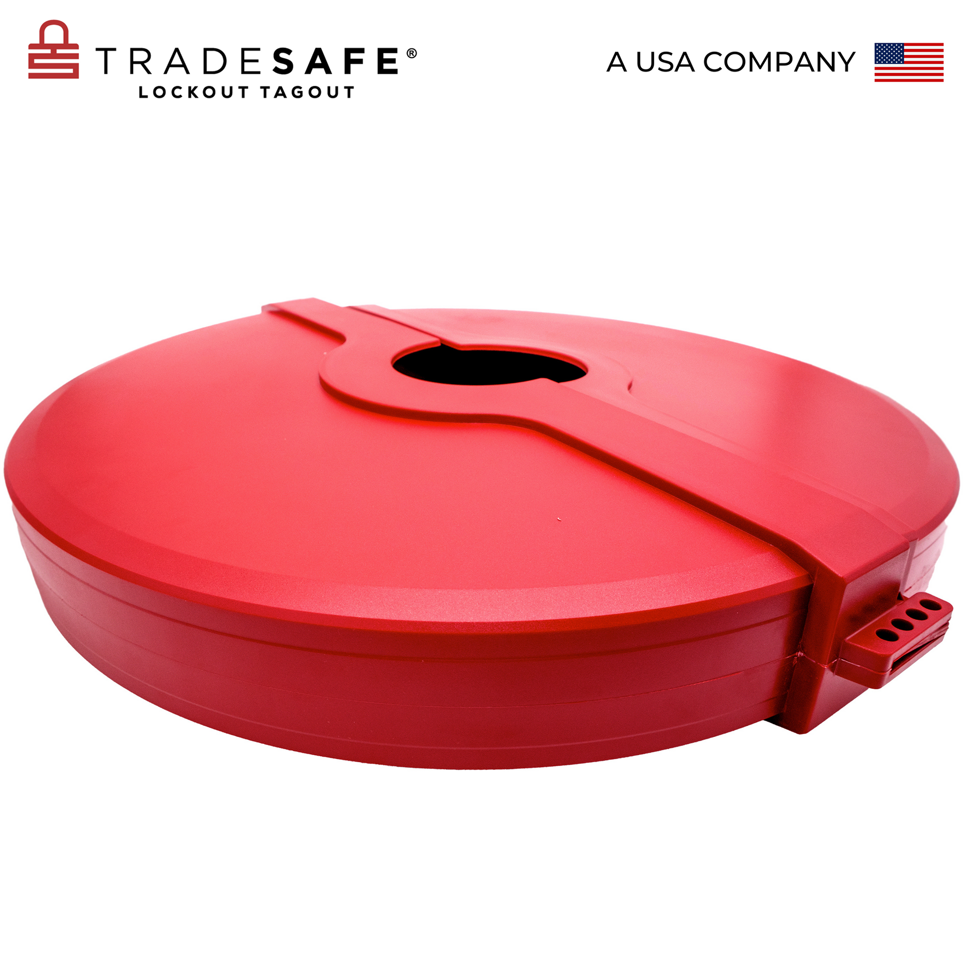 eye-level back view of a closed red gate valve lockout device