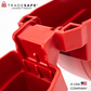 close up view of the hinge part of a fully opened red gate valve lockout device