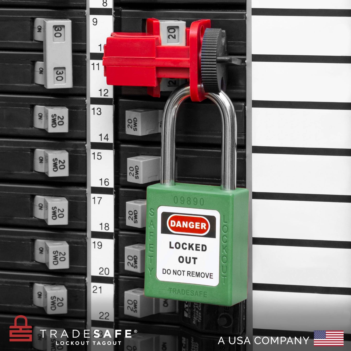 a green loto padlock in use along with a universal multipole circuit breaker lock