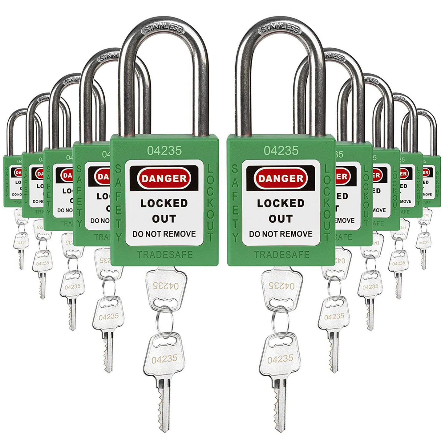 ten green loto padlocks, each with two keys and a uniform five-number code on both the lock body and the keys 