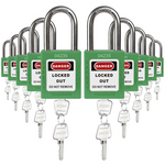 ten green loto padlocks, each with two keys and a uniform five-number code on both the lock body and the keys 