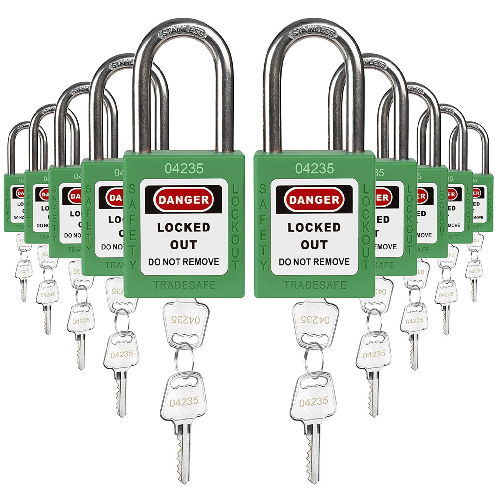 Keyed Alike Lockout Locks - 10 Green Padlocks - 2 Keys Per Lock