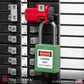 a green loto padlock in use along with a universal multipole circuit breaker lock