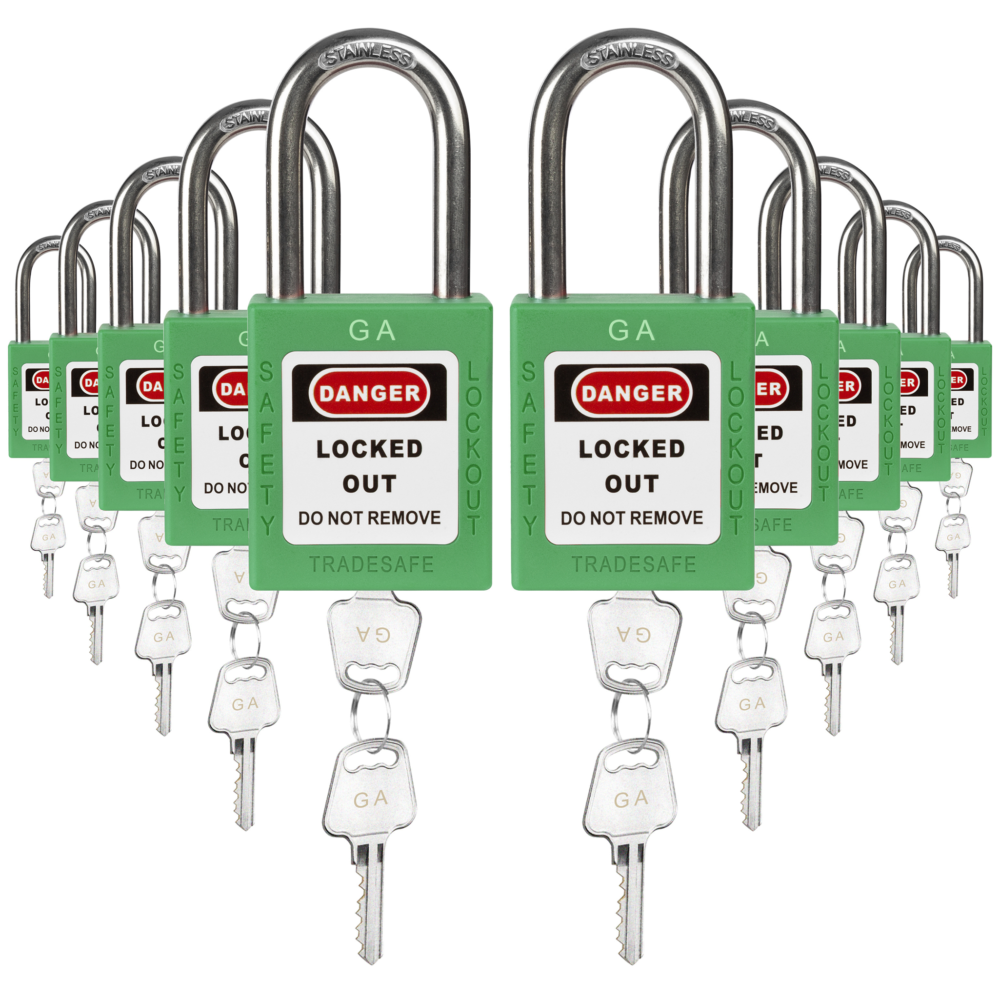 Keyed Alike Unlimited Lockout Locks - 10 Green Padlocks - 2 Keys Per Lock