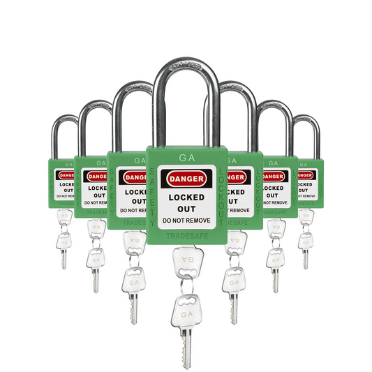 seven green loto padlocks, each with two keys and a GA letter code on both the lock body and the keys  Edit alt text