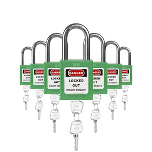 seven green loto padlocks, each with two keys and a GA letter code on both the lock body and the keys  Edit alt text