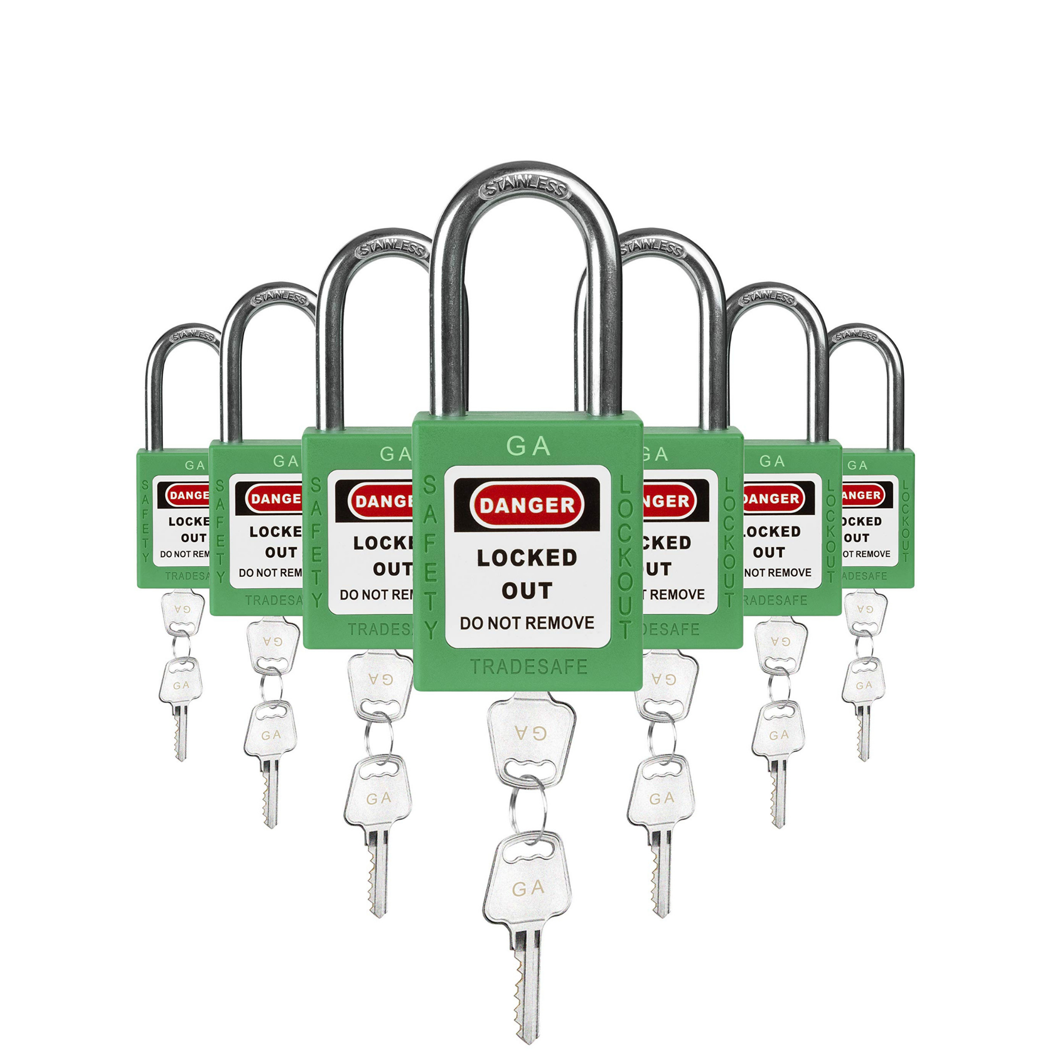 Keyed Alike Unlimited Lockout Locks - 7 Green Padlocks - 2 Keys Per Lock