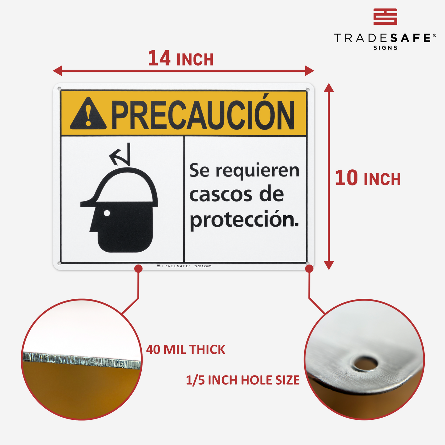 dimensions of hard hats required sign in spanish