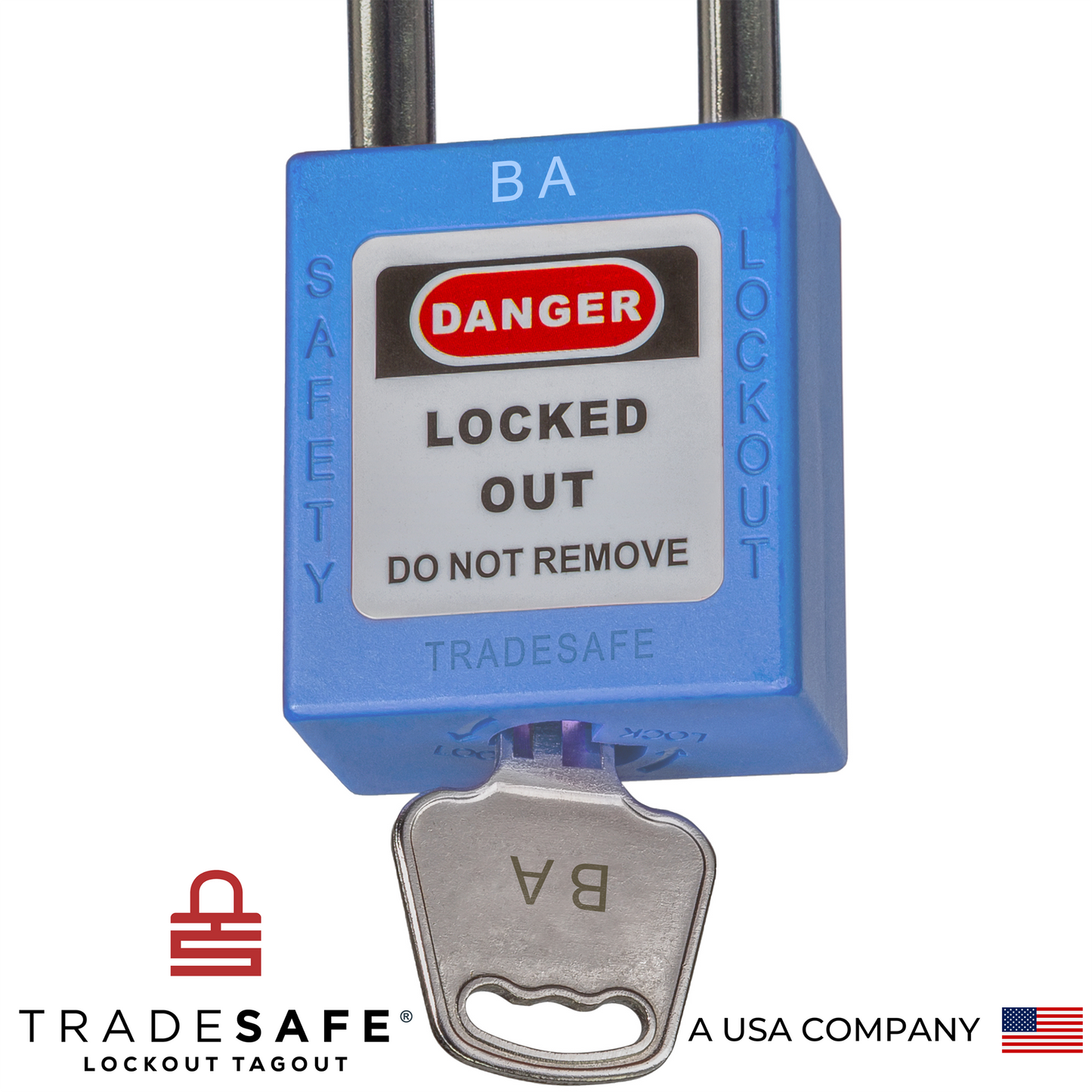 a close-up view of a blue loto padlock's body with a key inserted