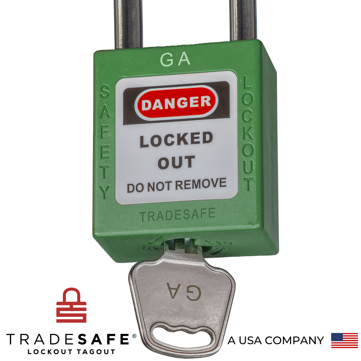 a close-up view of a green loto padlock's body with a key inserted