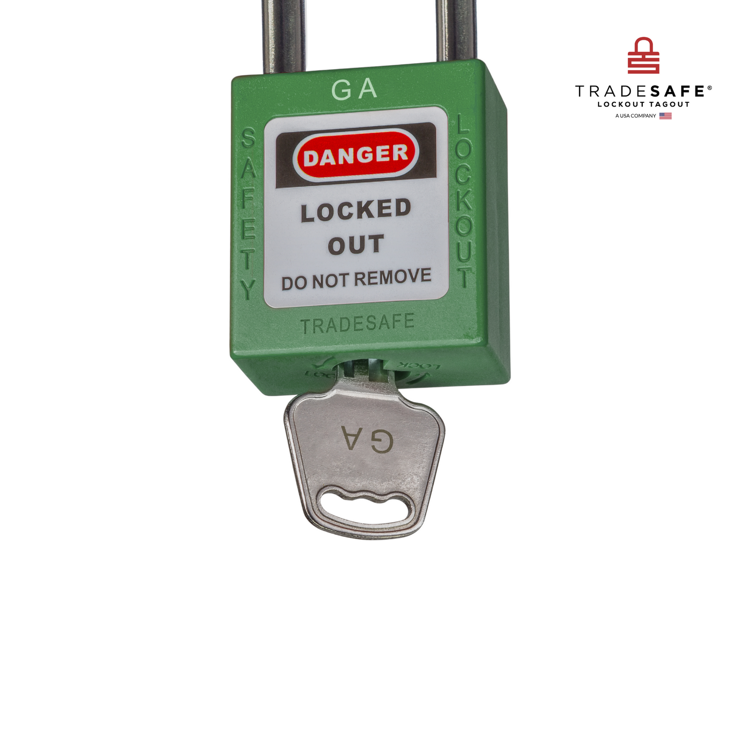a close-up view of a green loto padlock's body with a key inserted  