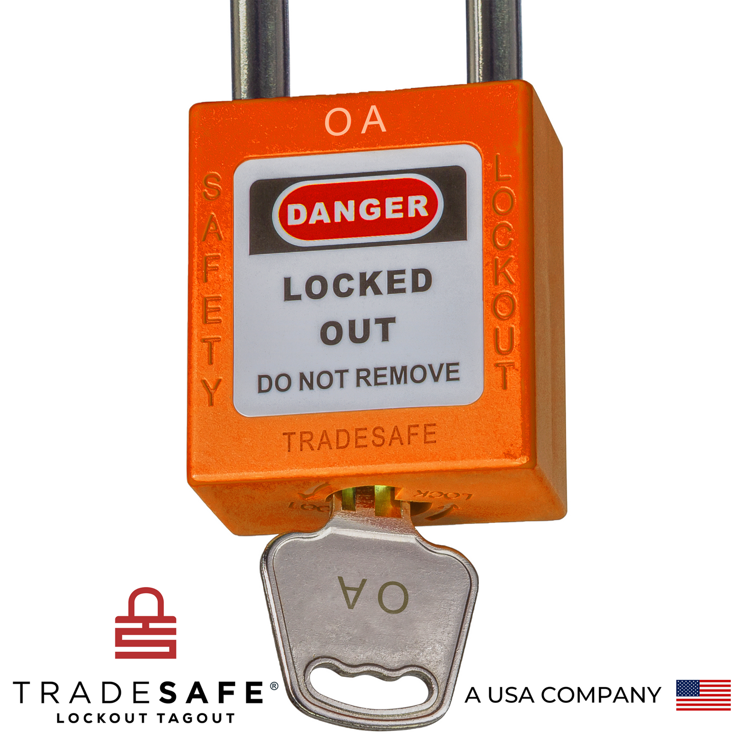 a close-up view of a orange loto padlock's body with a key inserted