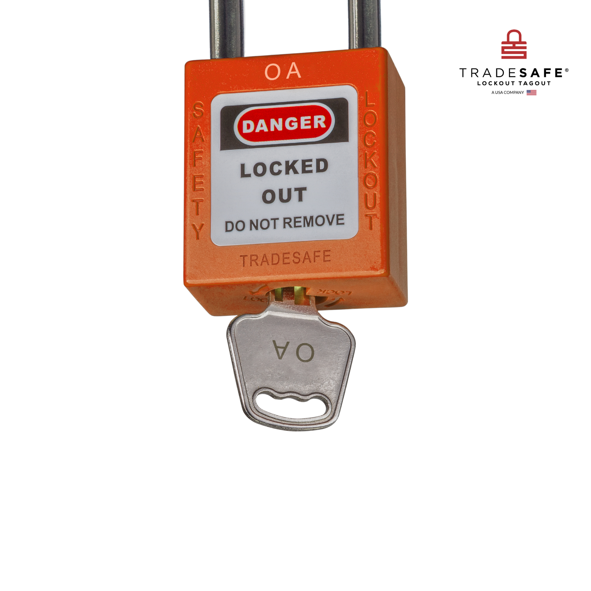 a close-up view of a orange loto padlock's body with a key inserted