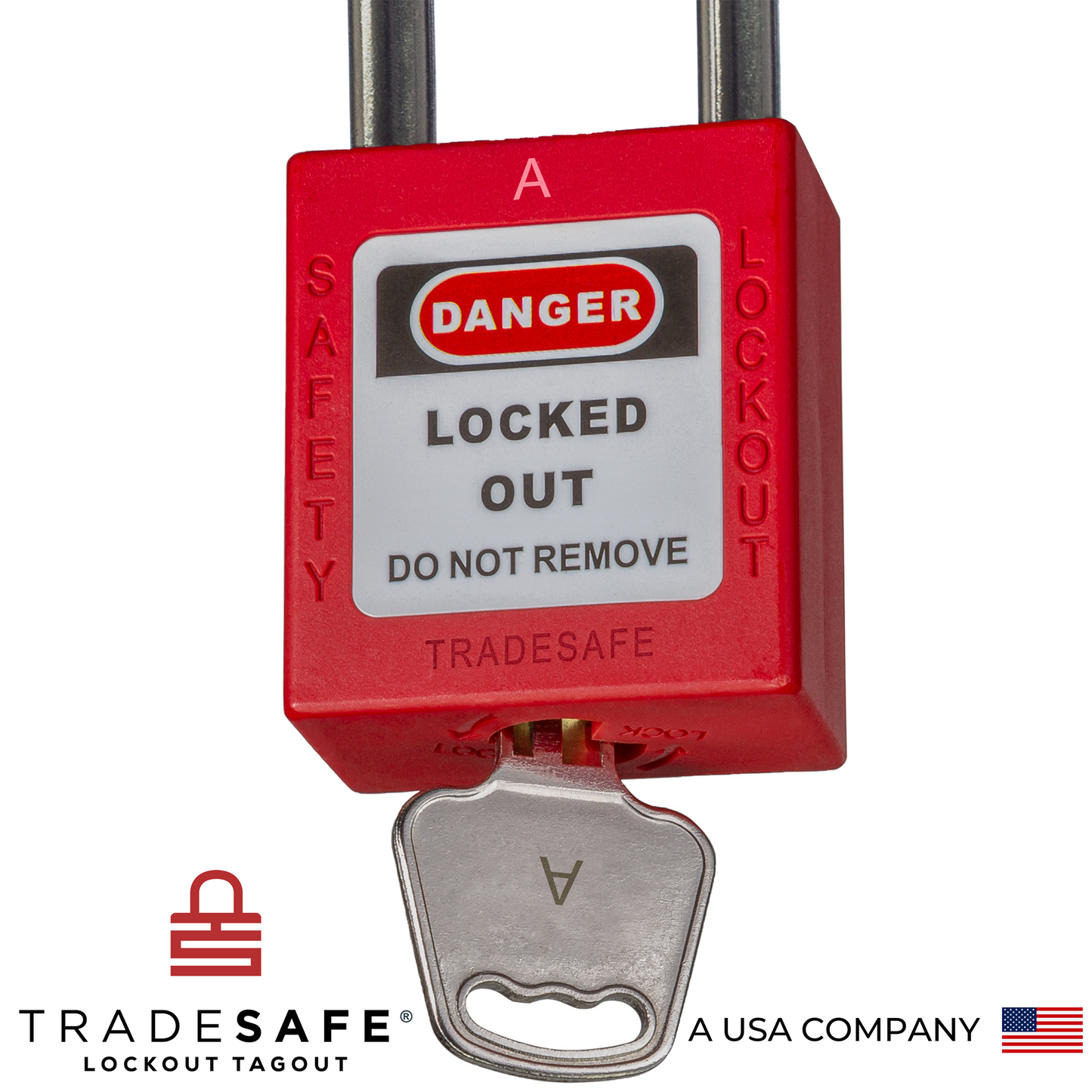 a close-up view of a red loto padlock's body with a key inserted