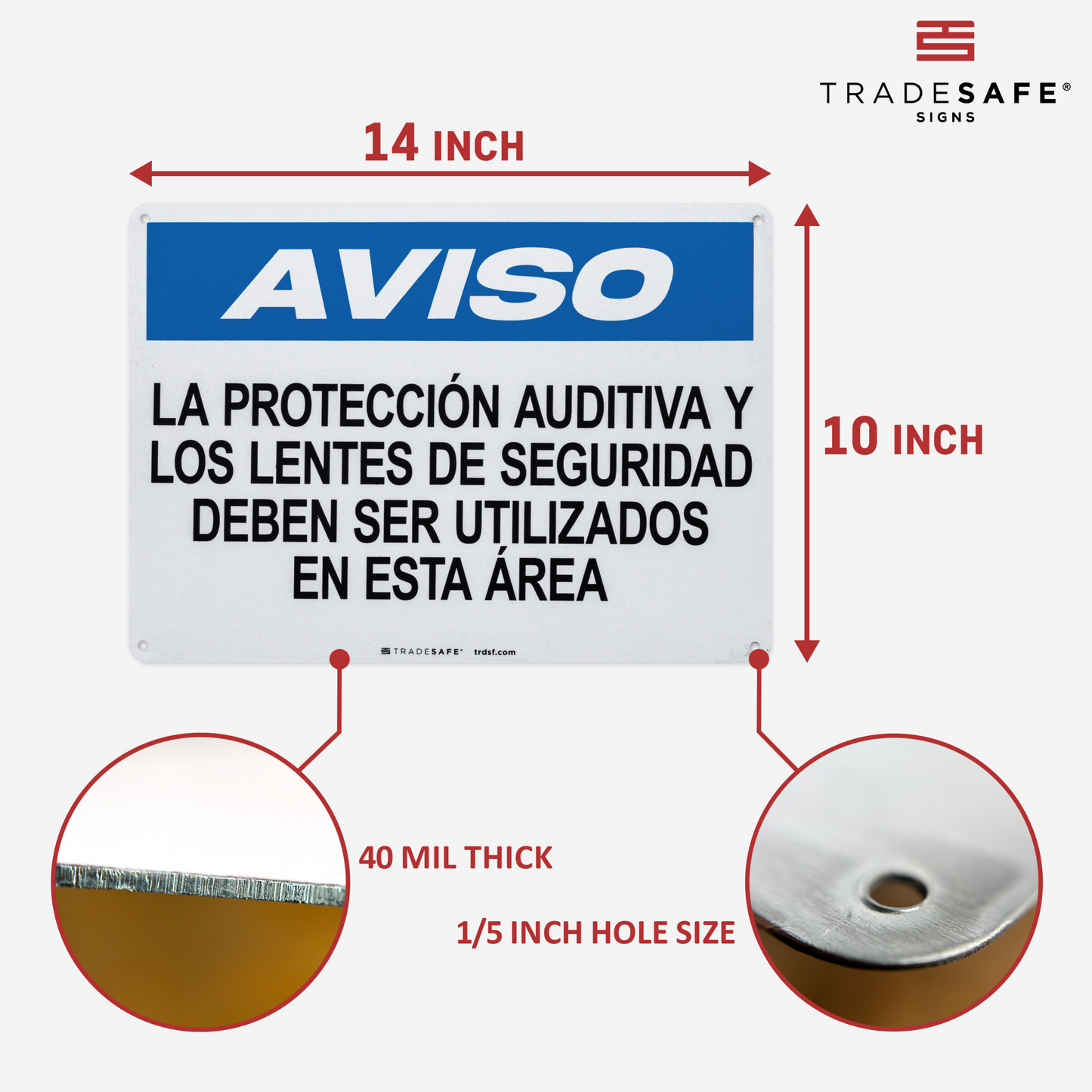 dimensions of hearing protection and safety glasses sign in spanish