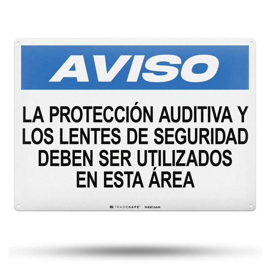 hearing protection and safety glasses sign in spanish