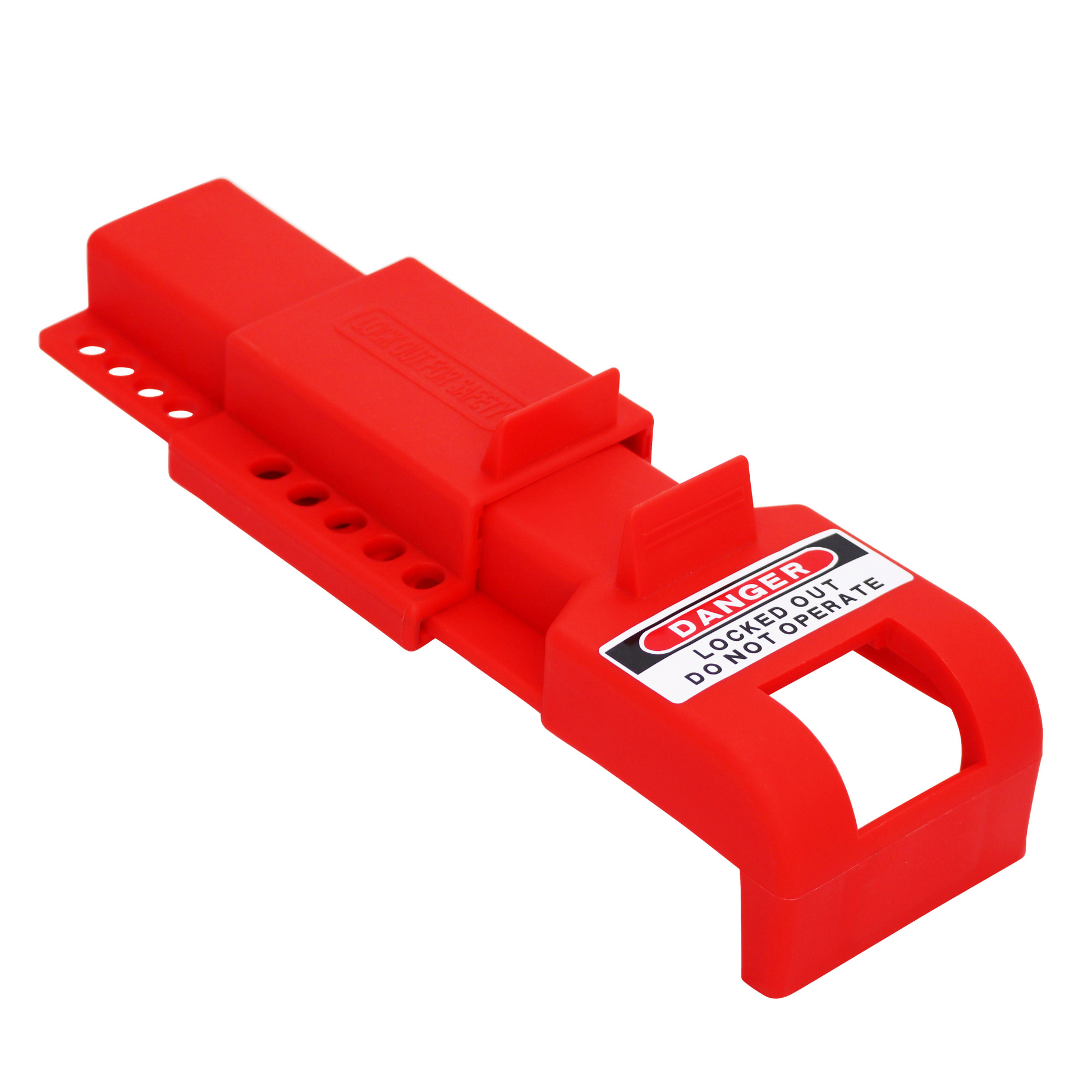 slanted high-angle front view of a red butterfly valve lockout with its lock at the bottom part of the body