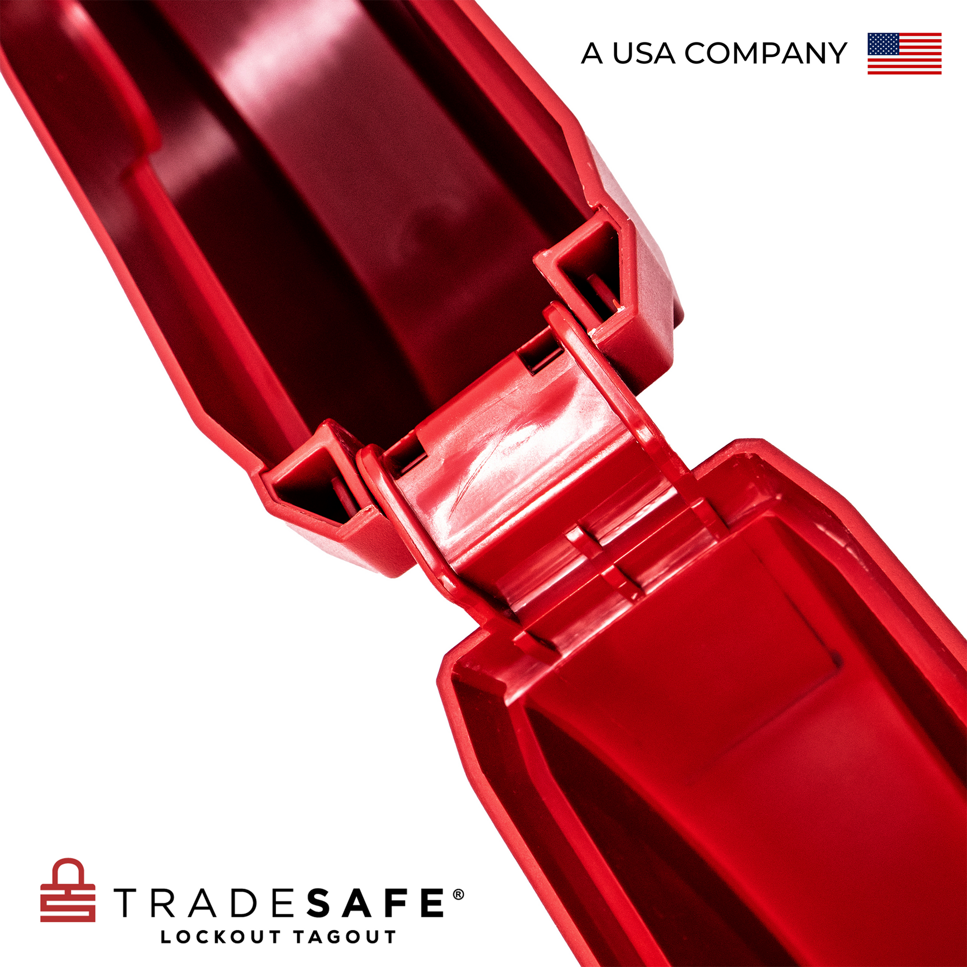 close up view of the hinge part of a fully opened red gate valve lockout device