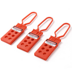 three red plastic lockout hasps with label "danger, locked out, do not remove"