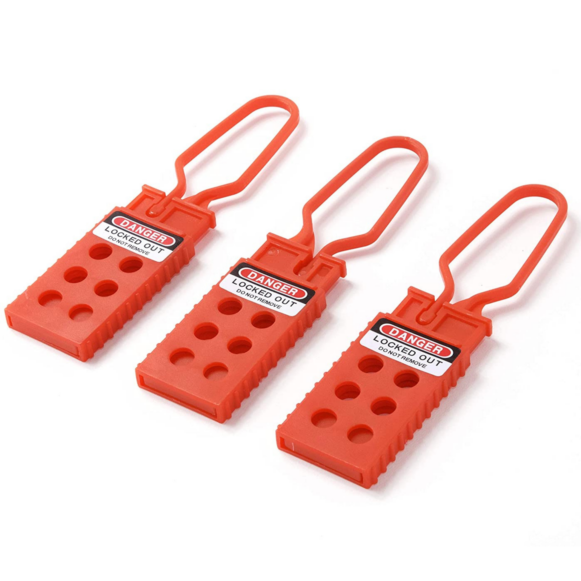 three red plastic lockout hasps with label "danger, locked out, do not remove"