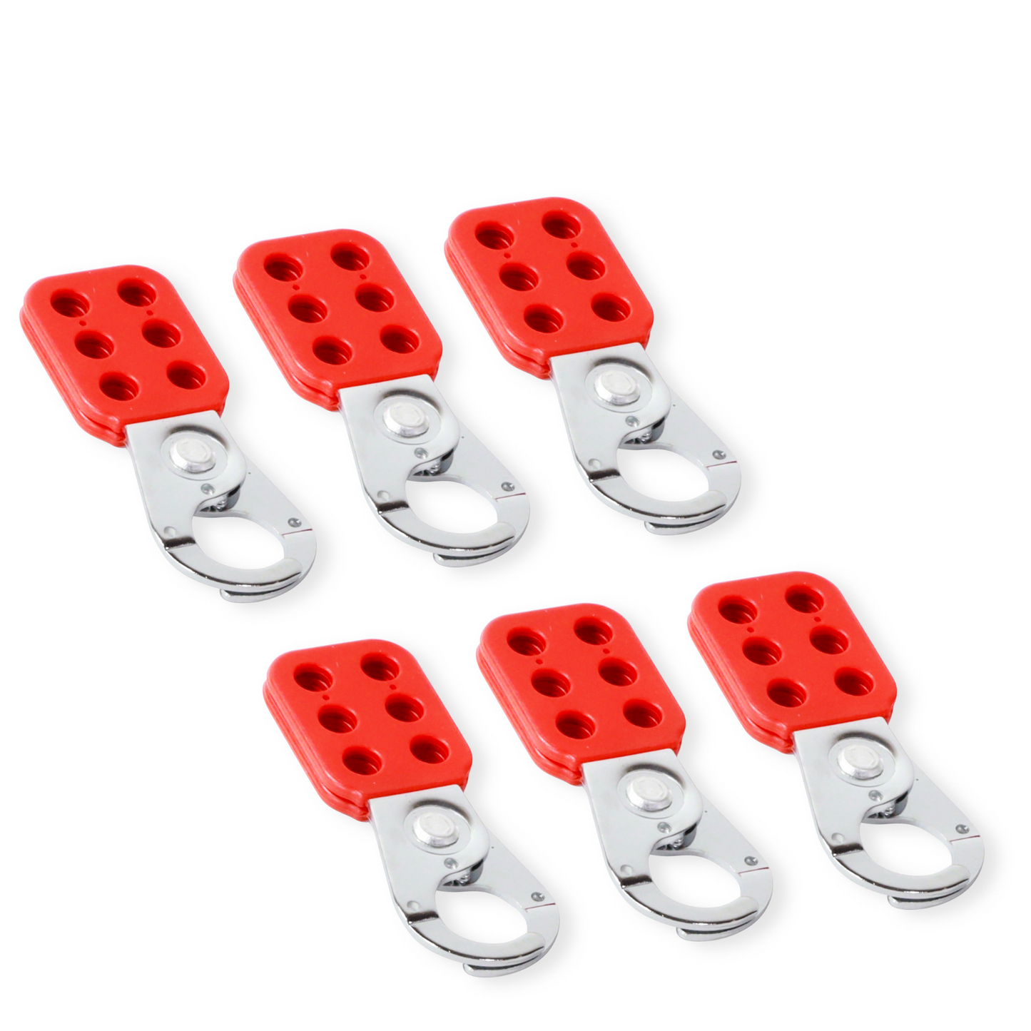 six lockout tagout hasps, each with a chrome-plated steel jaw and six holes in the red handle