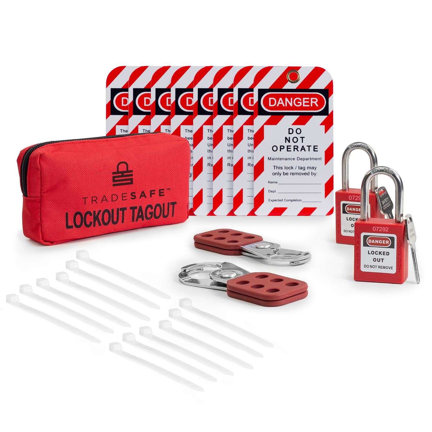 lockout tagout kit composed of 1 pouch, 12 zip ies, 2 steel hasps, 8 loto tags, and 2 keyed different padlocks with 1 key each