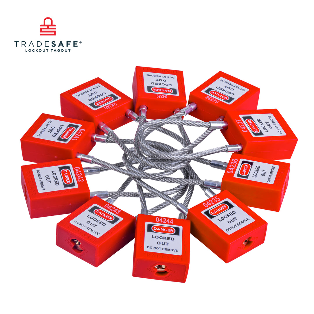 Red Keyed Different Cable Lockout Locks - 2 Keys, 10 Pack | TRADESAFE