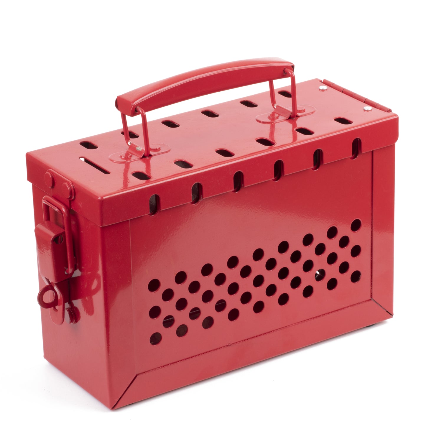 slanted front view of a closed red lockout tagout group box