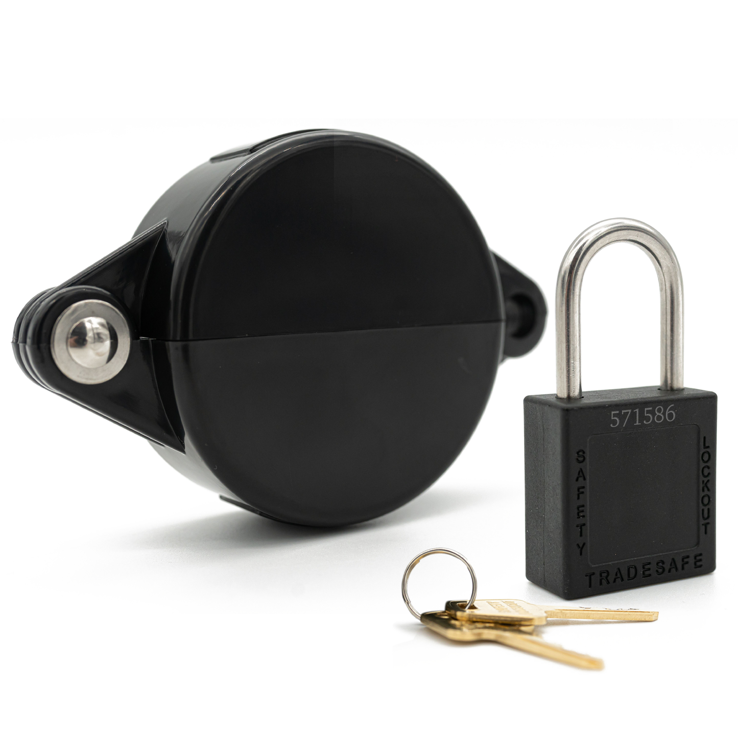 illustration of lockout tagout black gate valve and padlock with 2 keys