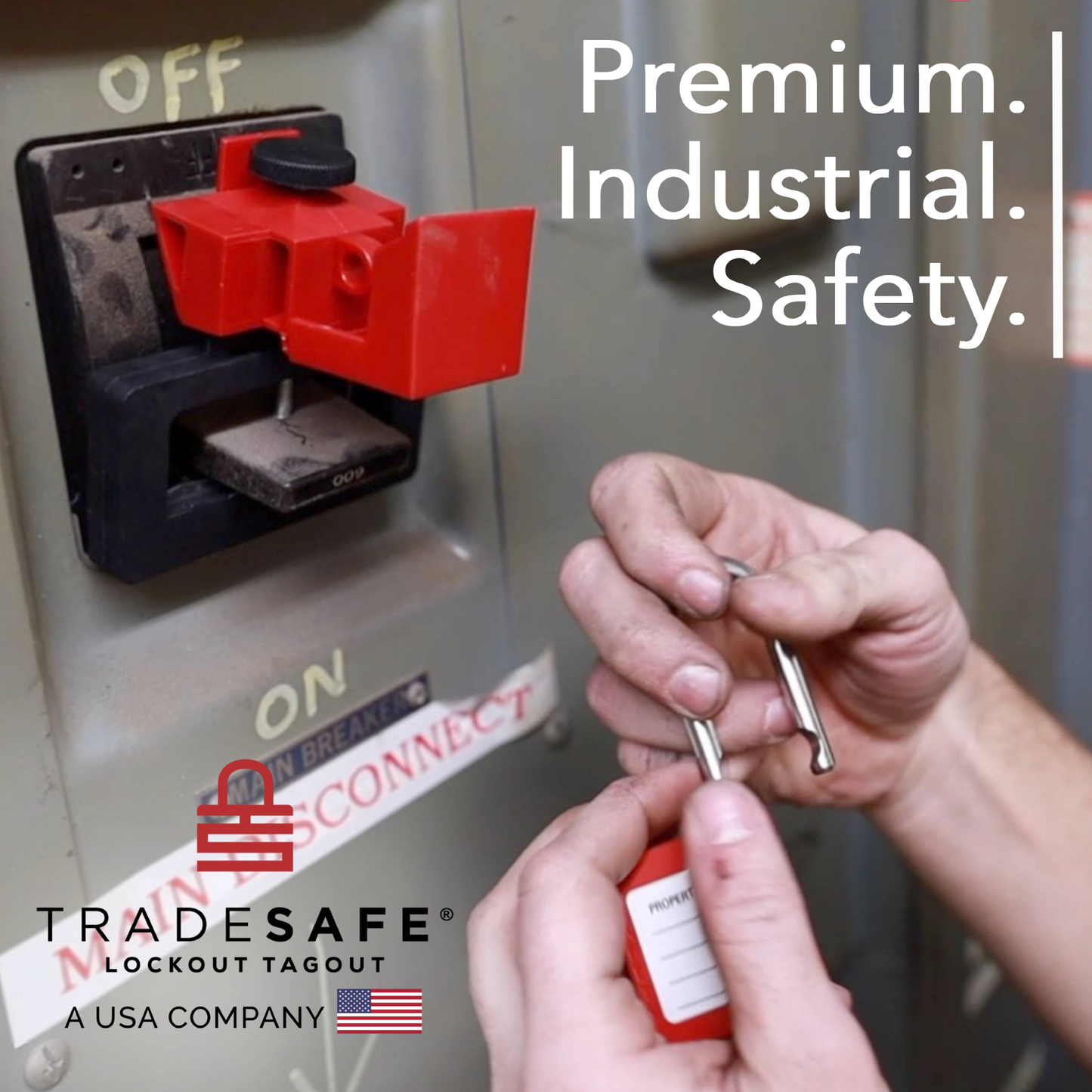tradesafe lockout tagout branding image; premium. industrial. safety.