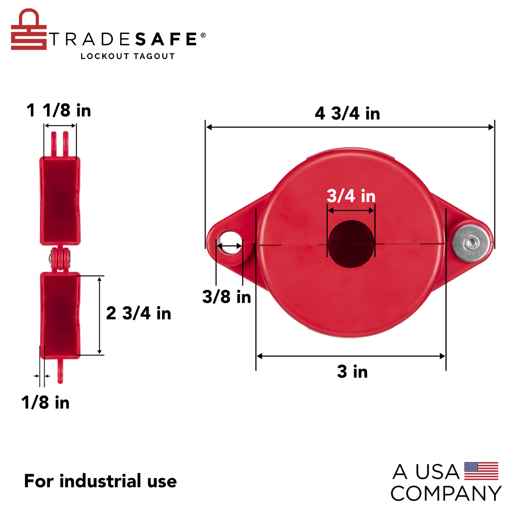 eye-level back view of a red gate valve lockout device with dimensions