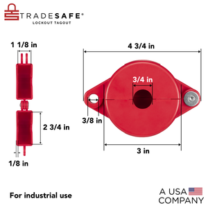 eye-level back view of a red gate valve lockout device with dimensions