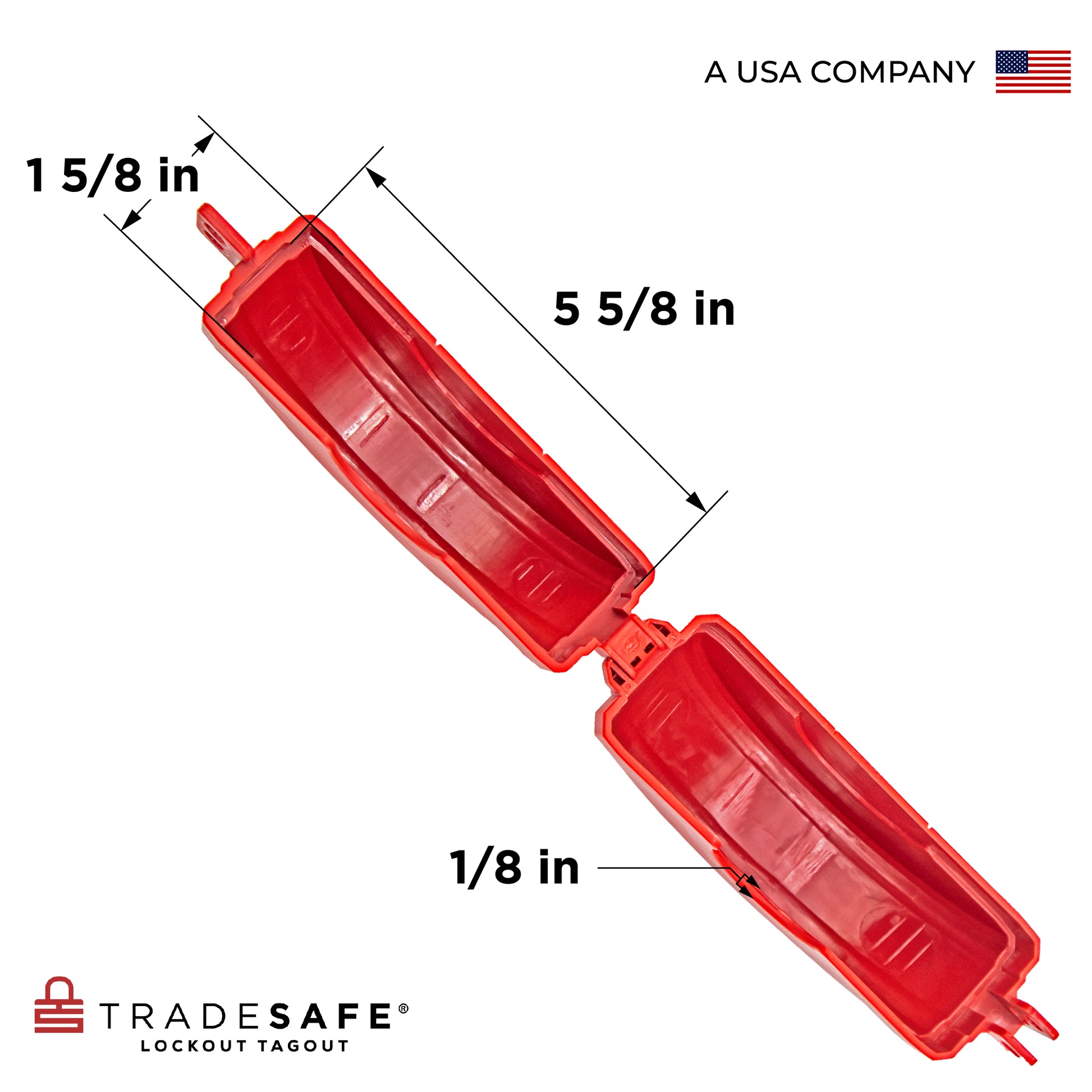 eye level view of the inside part of an opened red gate valve lockout with dimensions