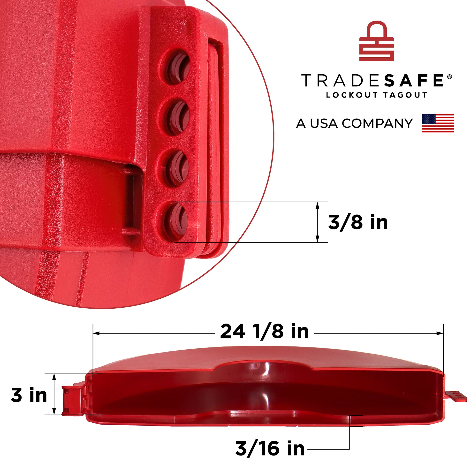 eye level view of the inside part of one side of an opened red gate valve lockout and the padlock hole with dimensions