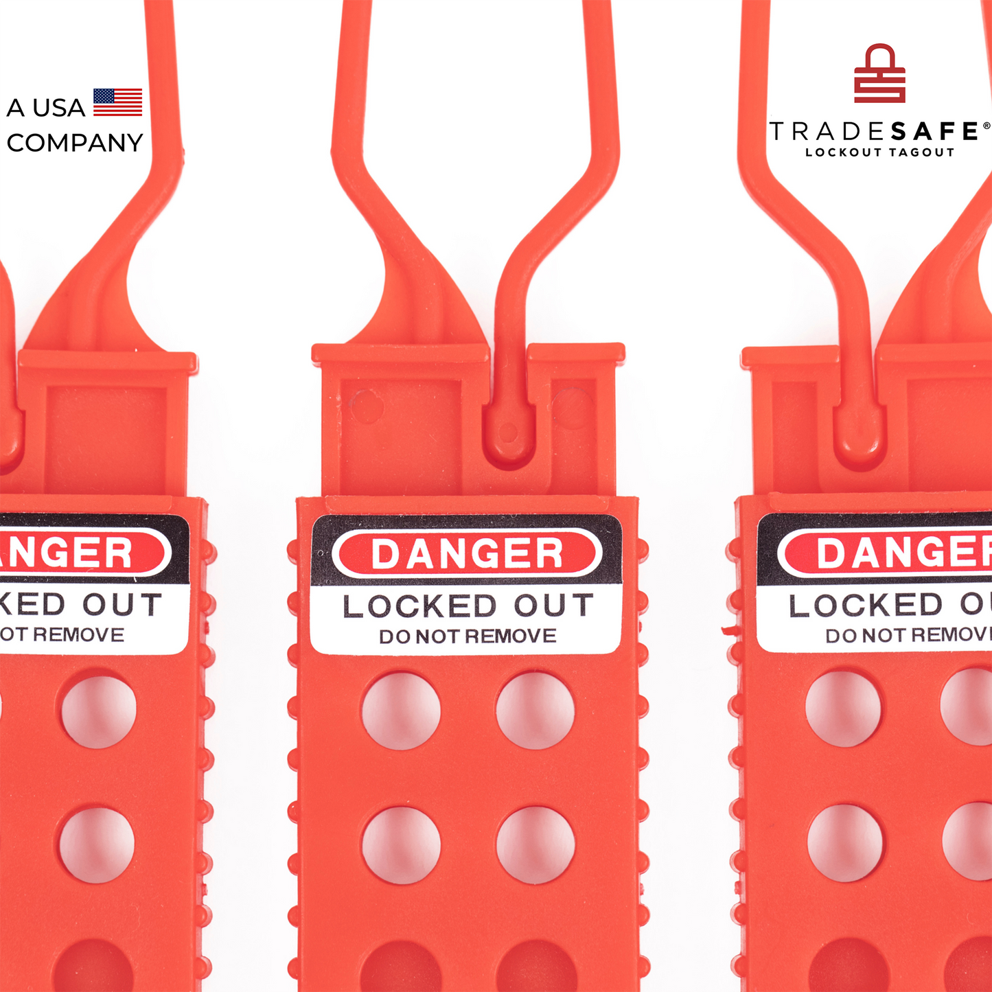close up view of three red plastic hasp featuring the lock of the shackle and the label "danger,locked out, do not remove"