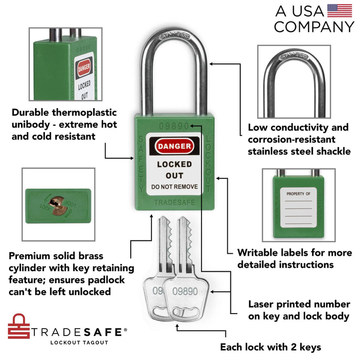 Green Keyed Alike Padlocks - 2 Keys - 10 Pack | TRADESAFE