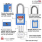 infographic of a blue loto lock with 2 keys indicating materials used in each part