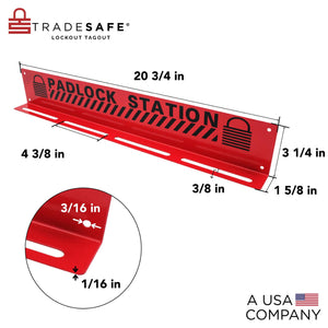 high-angle view of a red padlock station with dimensions