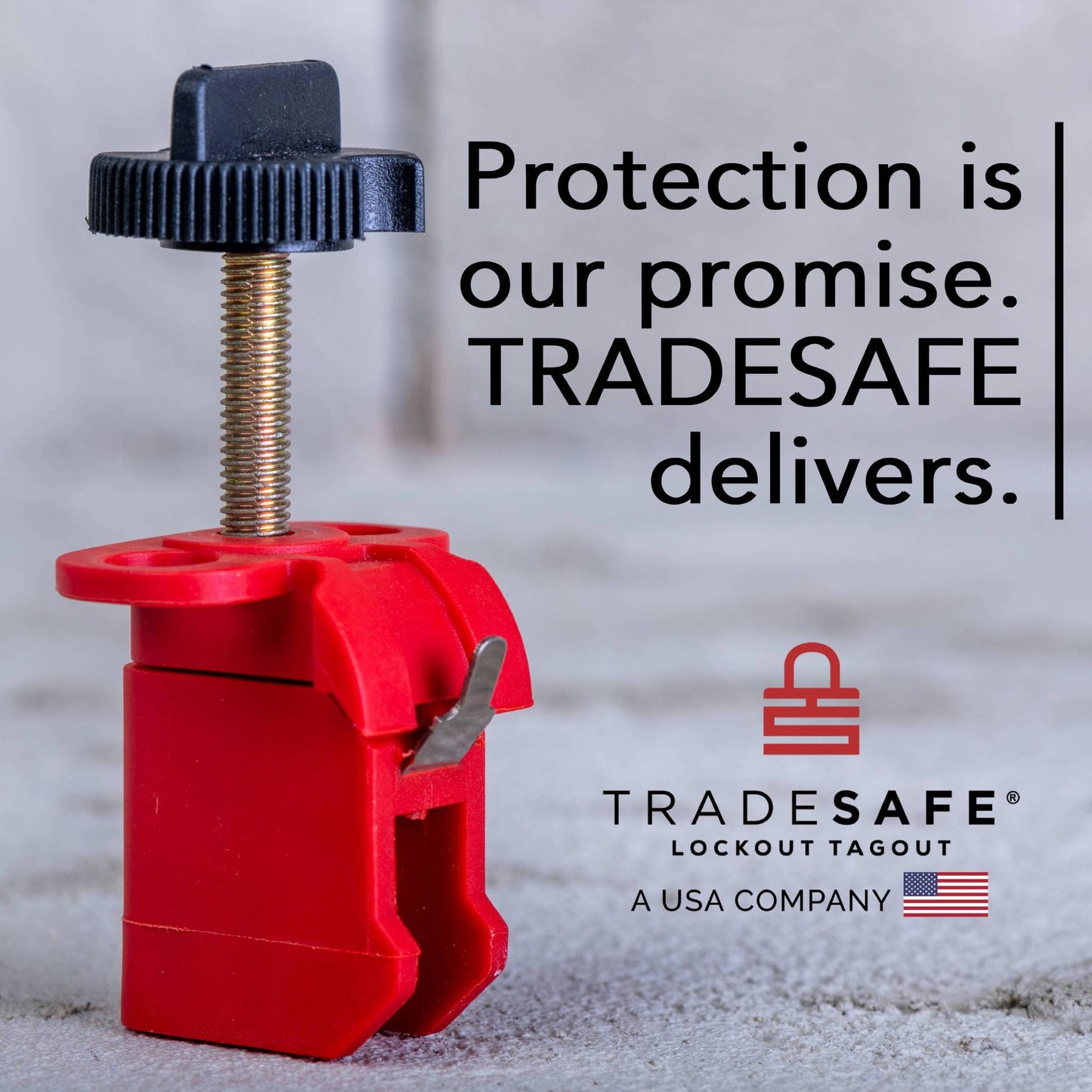 tradesafe lockout tagout branding image; stay safe. lockout safe. tradesafe.