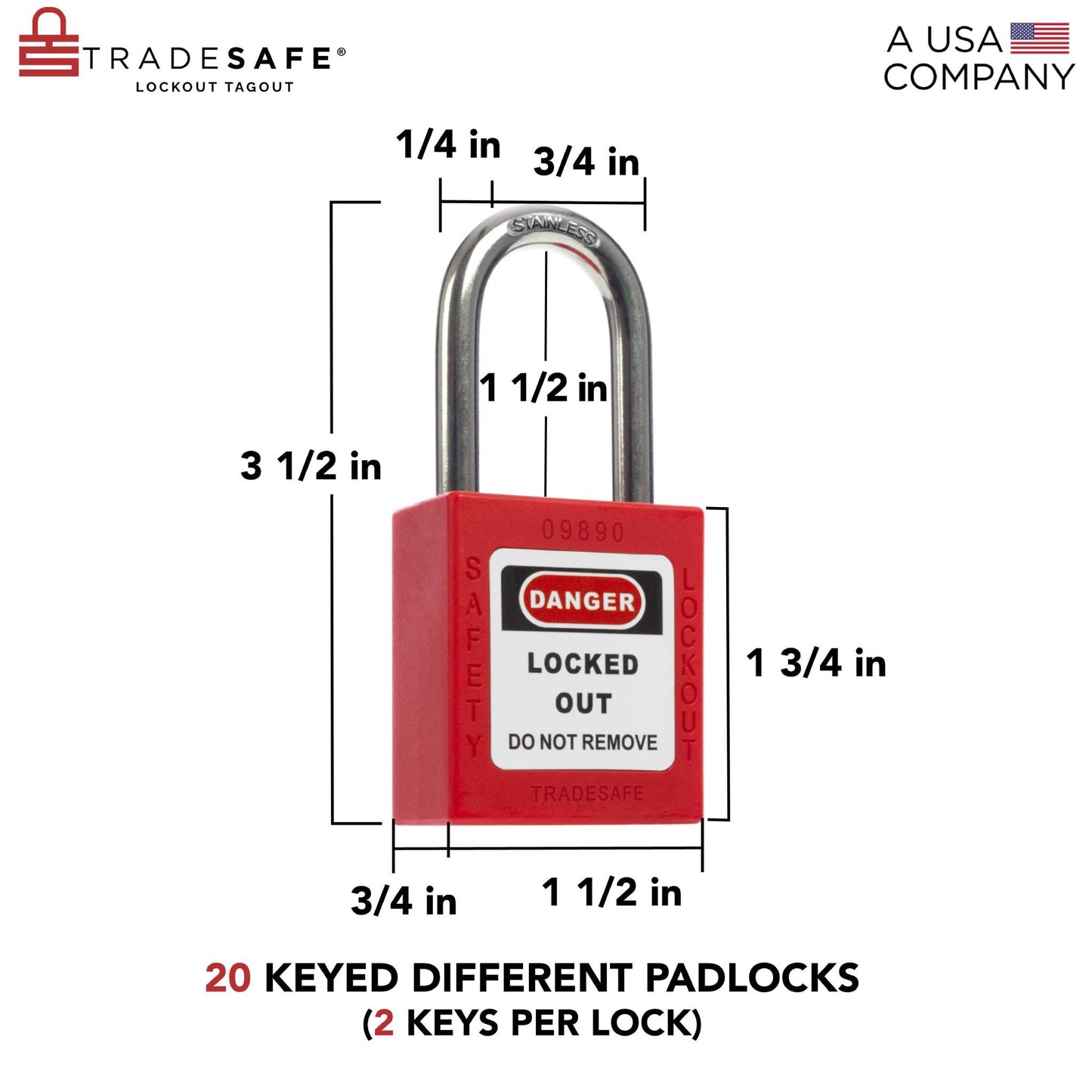 eye-level view of a red loto padlock with dimensions