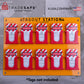 eye-level view of an orange tag station with 10 red tag boxes stocked with loto tags
