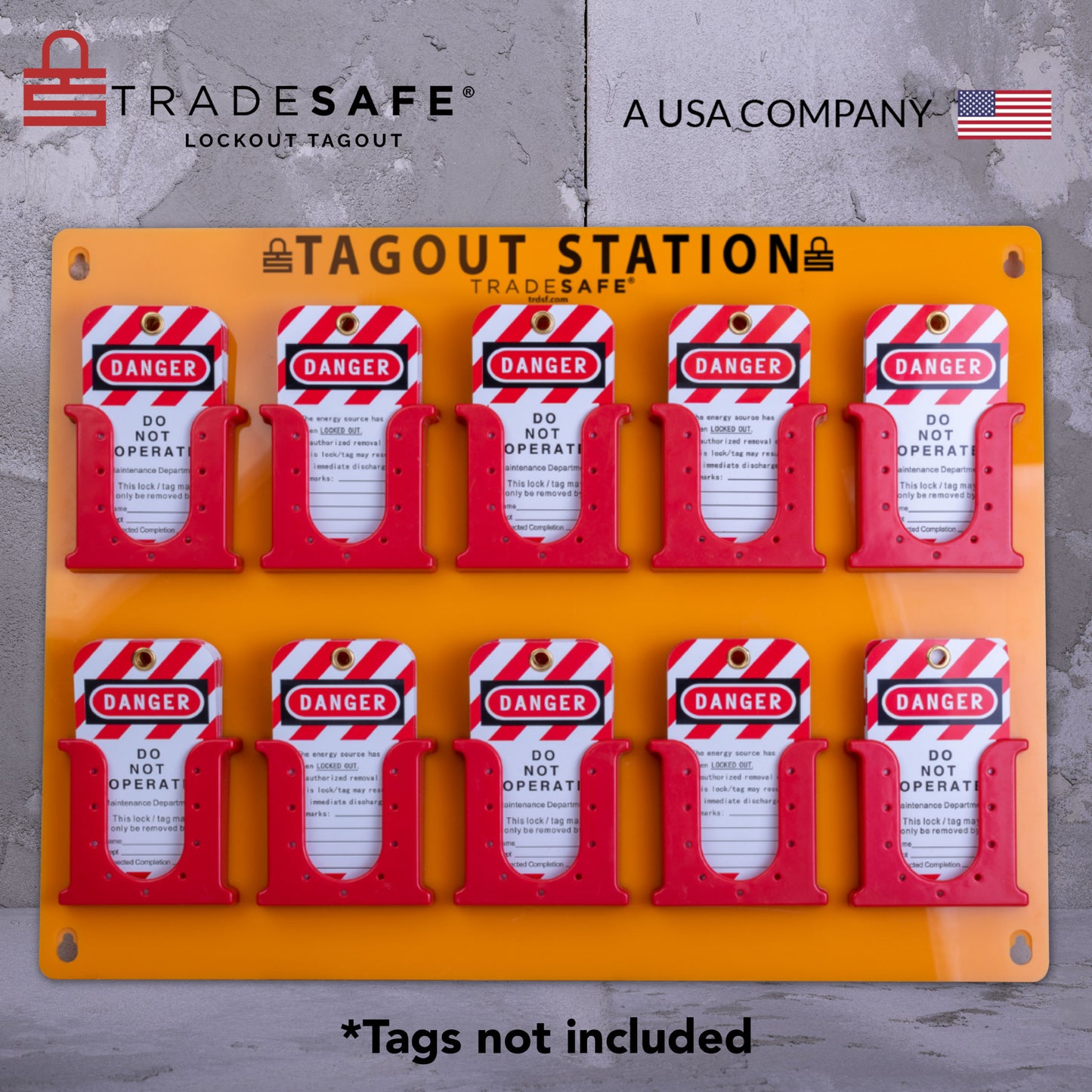 eye-level view of an orange tag station with 10 red tag boxes stocked with loto tags