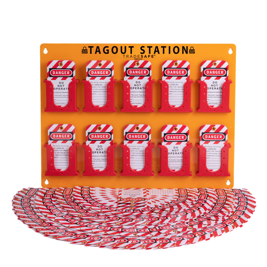 eye-level view of an orange tag station with 10 red tag boxes stocked with loto tags