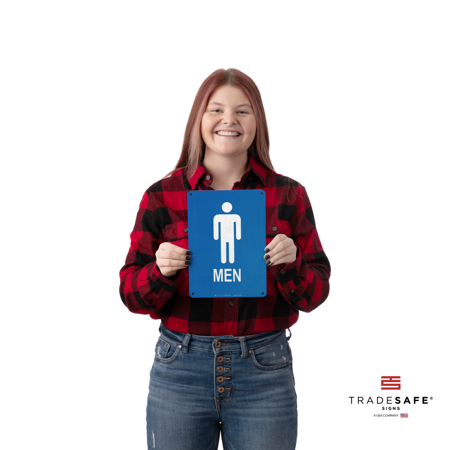 a person holding the men's restroom sign