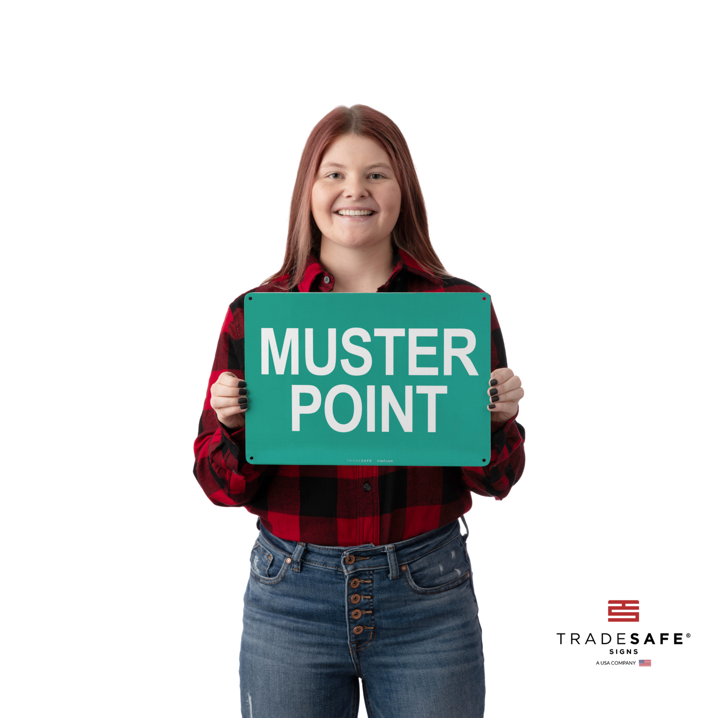 a person holding a muster point sign