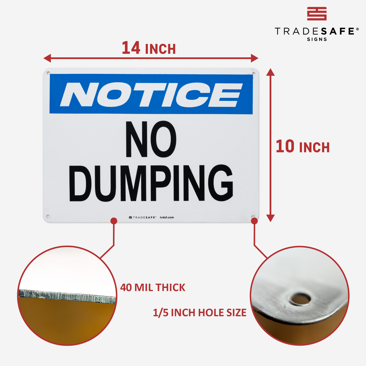 dimensions of no dumping sign