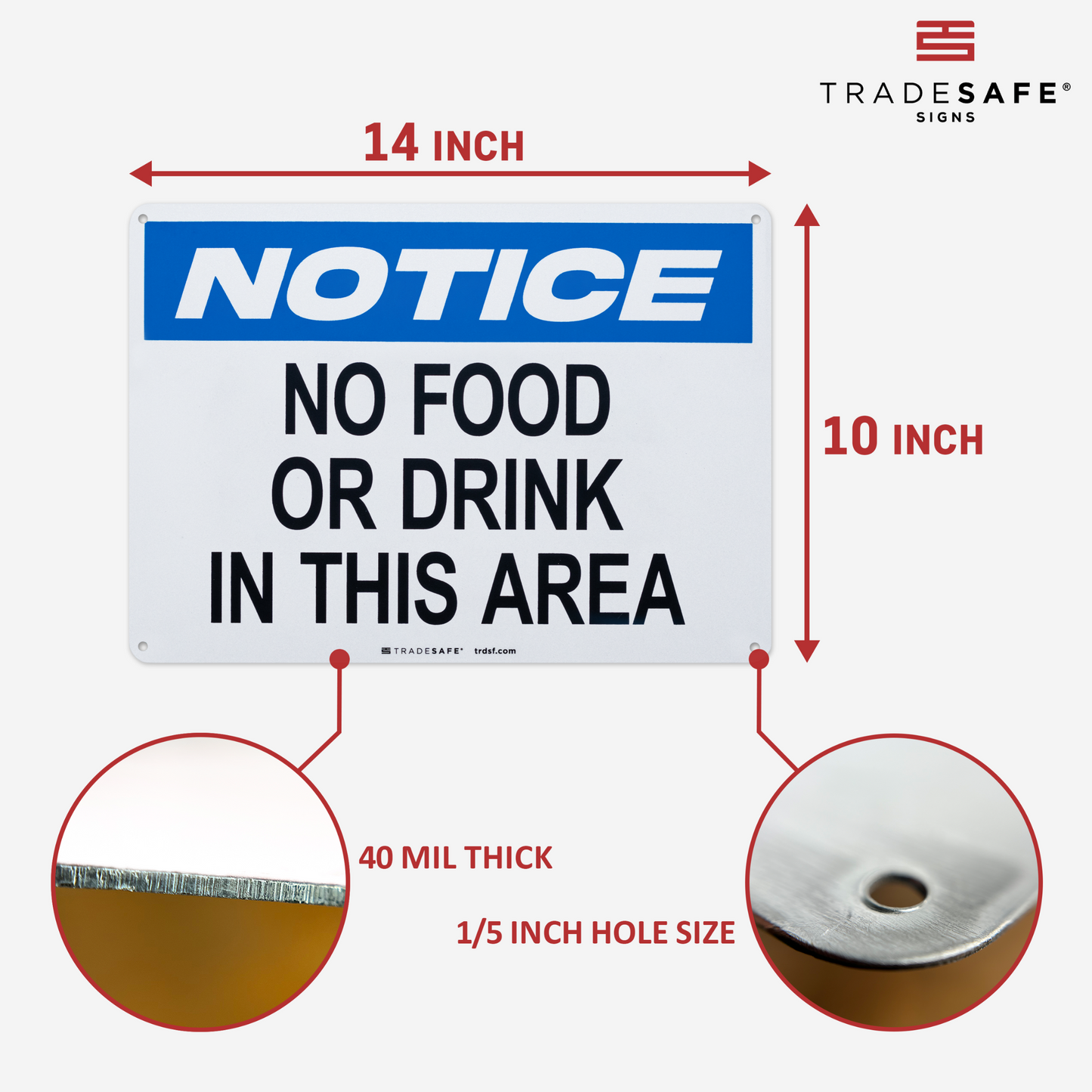 dimensions of no food or drink in this area sign