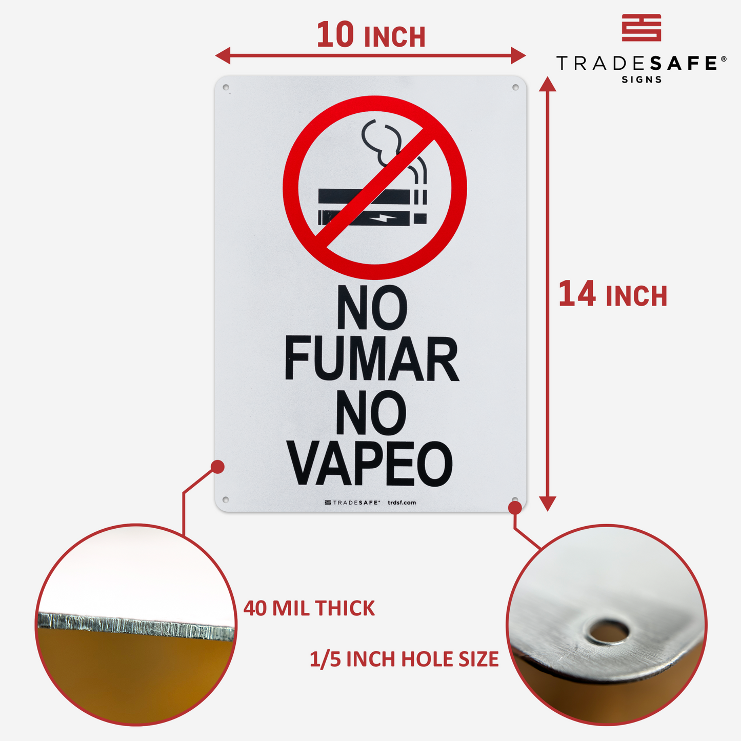 dimensions of no smoking no vaping sign in spanish