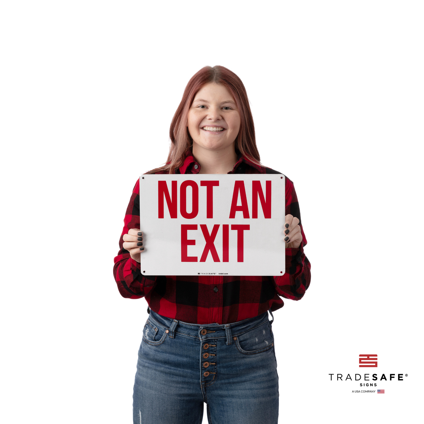 a person holding "not an exit" sign