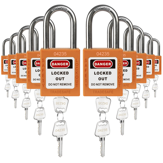 ten orange loto padlocks, each with two keys and a uniform five-number code on both the lock body and the keys 